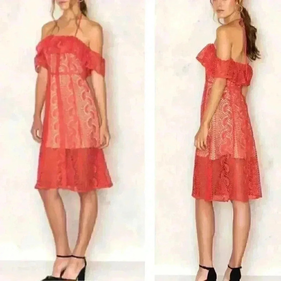 NWT Line & Dot Palais Flame Red Lace Off the Shoulder Midi Dress - Picture 1 of 7